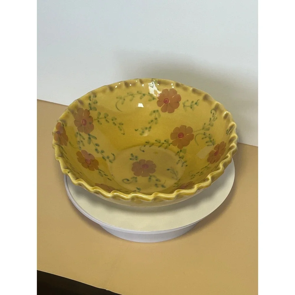 Sur La‎ Table Yellow Floral Ceramic Serving Bowl Scalloped Rim Made in Italy